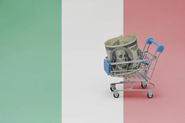 Metal Shopping Basket Big Dollar Money Banknote National Flag Italy — Stock Photo, Image