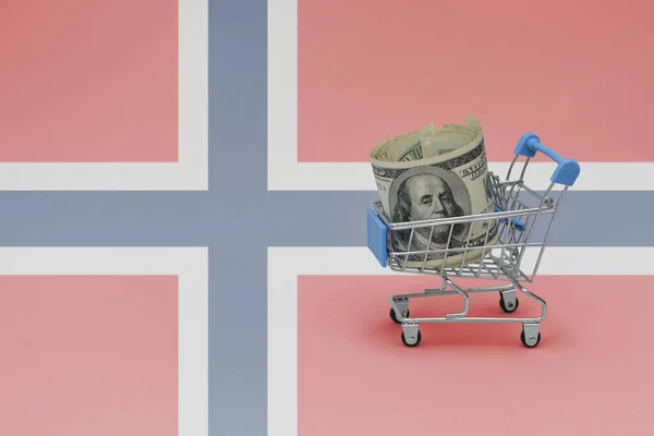 Einkaufskorb Aus Metall Mit Großen Dollarnoten Auf Der Norwegischen Nationalflagge — Stockfoto