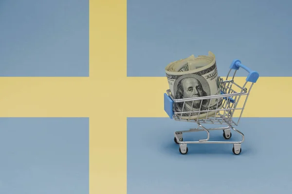 Μεταλλικό Καλάθι Αγορών Τραπεζογραμμάτιο Μεγάλου Δολαρίου Στην Εθνική Σημαία Σουηδικού — Φωτογραφία Αρχείου
