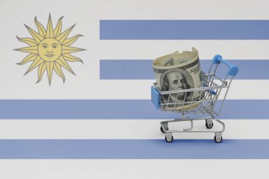Uruguay 'ın ulusal bayrağında yüklü miktarda para bulunan metal alışveriş sepeti. Tüketici sepeti kavramı. 3d illüstrasyon