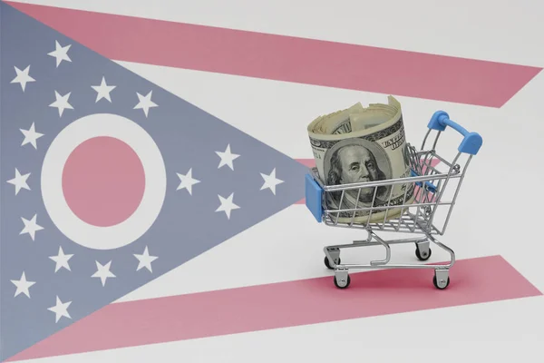 Ohio Eyaleti Bayraklarında Büyük Paralar Bulunan Metal Alışveriş Sepeti Tüketici — Stok fotoğraf