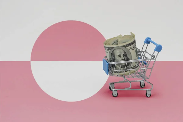 Einkaufskorb Aus Metall Mit Großer Dollarnote Auf Der Grönländischen Nationalflagge — Stockfoto