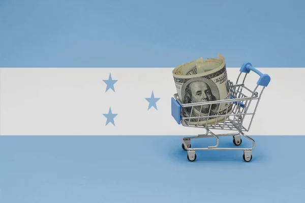Honduras Ulusal Bayrağında Yüklü Miktarda Para Bulunan Metal Alışveriş Sepeti — Stok fotoğraf