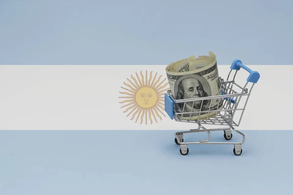 アルゼンチンの国旗に大きなドルのお金の銀行券を持つ金属ショッピングバスケットの背景 消費者バスケットの概念 3Dイラスト — ストック写真