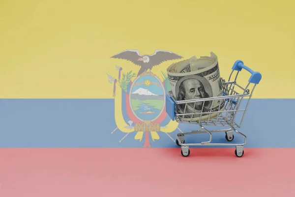 Корзина Металлических Покупок Банкнотой Большие Деньги Фоне Национального Флага Эквадора — стоковое фото