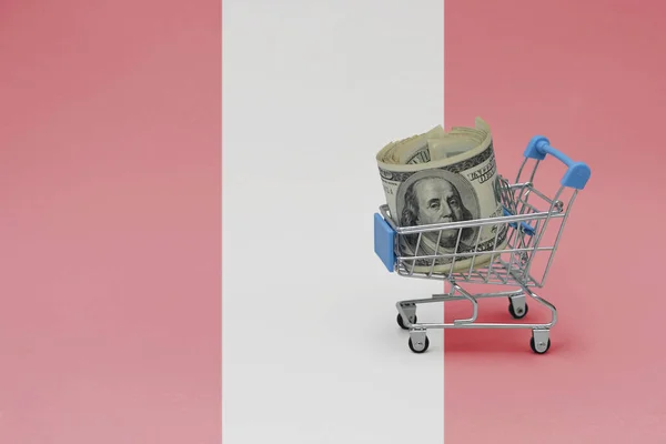 Einkaufskorb Aus Metall Mit Großer Dollarnote Auf Der Nationalflagge Perus — Stockfoto