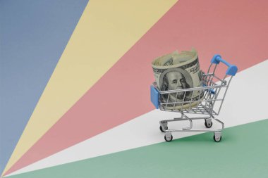 Seyşeller 'in arka planında büyük paralar getiren metal alışveriş sepeti. Tüketici sepeti kavramı. 3d illüstrasyon