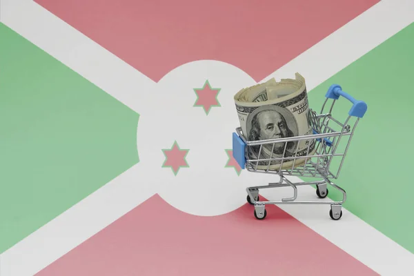 Kovový Nákupní Košík Velkou Dolarovou Bankovkou Národní Vlajce Burundi Pozadí — Stock fotografie