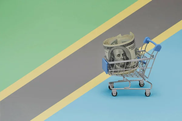 Kovový Nákupní Košík Velkou Dolarovou Bankovkou Národní Vlajce Tanzanského Pozadí — Stock fotografie