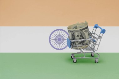 Hindistan 'ın ulusal bayrağında yüklü miktarda para bulunan metal alışveriş sepeti. Tüketici sepeti kavramı. 3d illüstrasyon