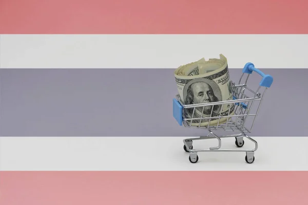 Einkaufskorb Aus Metall Mit Großer Dollarnote Auf Der Nationalflagge Thailands — Stockfoto