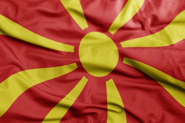 Macedonia 'nın renkli ulusal bayrağını sallıyordu. 3B illüstrasyon