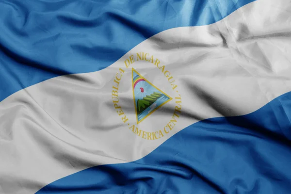 Zwaaiende Kleurrijke Nationale Vlag Van Nicaragua Macro Schot Illustratie — Stockfoto