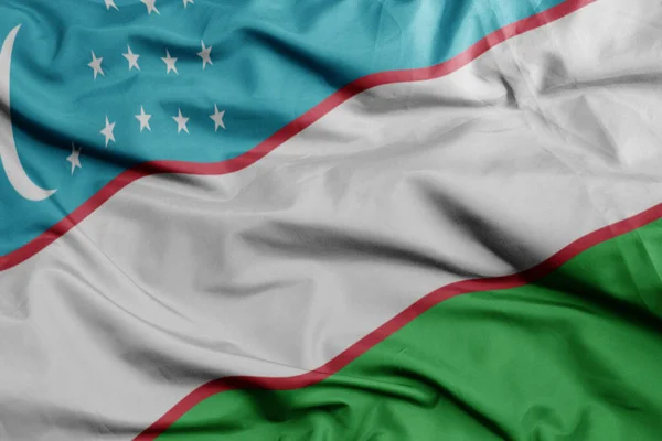 Zwaaiende Kleurrijke Nationale Vlag Van Oezbekistan Macro Schot Illustratie — Stockfoto