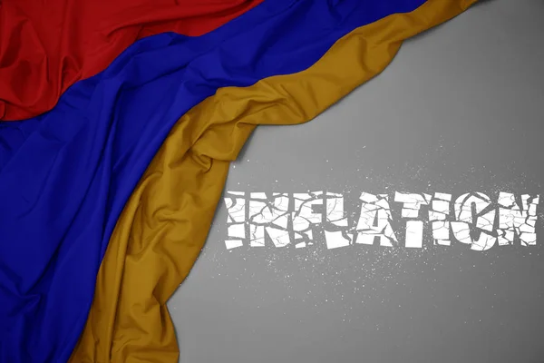 Waving Colorful National Flag Armenia Gray Background Broken Text Inflation — Stock Photo, Image