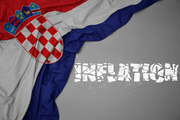 Ondeando Colorida Bandera Nacional Croacia Sobre Fondo Gris Con Inflación —  Fotos de Stock