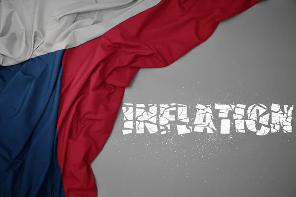 Waving Colorful National Flag Czech Republic Gray Background Broken Text — Stock Photo, Image