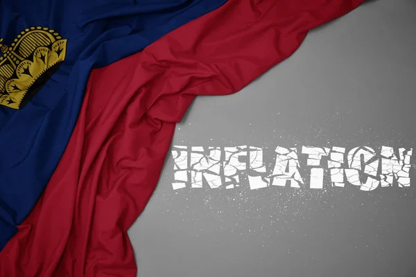 Waving Colorful National Flag Liechtenstein Gray Background Broken Text Inflation — Stock Photo, Image