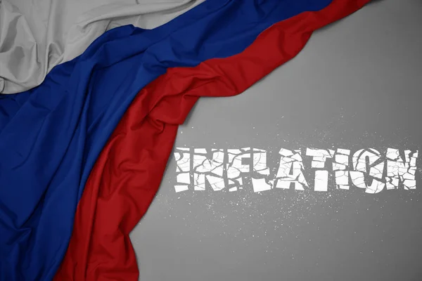 Waving Colorful National Flag Russia Gray Background Broken Text Inflation — Stock Photo, Image