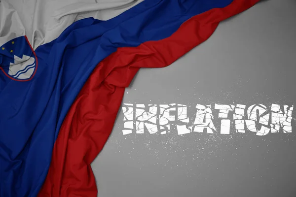 Waving Colorful National Flag Slovenia Gray Background Broken Text Inflation — Stock Photo, Image