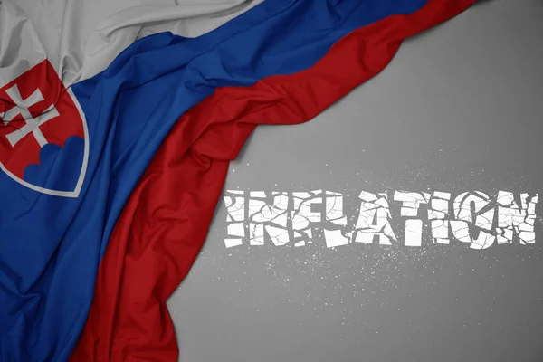 Sie Schwenken Die Bunte Nationalflagge Der Slowakei Vor Grauem Hintergrund — Stockfoto