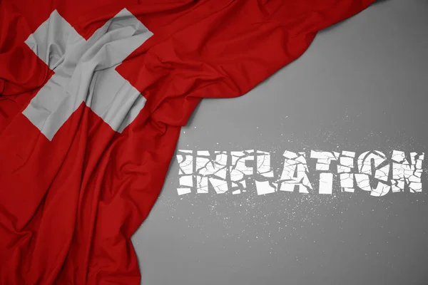 Waving Colorful National Flag Switzerland Gray Background Broken Text Inflation — Stock Photo, Image
