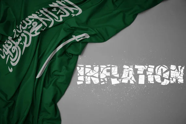 Waving Colorful National Flag Saudi Arabia Gray Background Broken Text — Stock Photo, Image