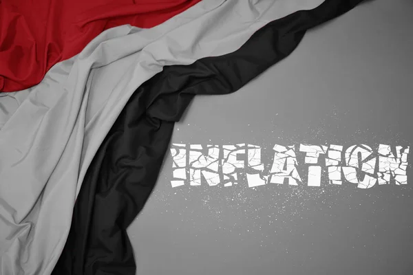 Waving Colorful National Flag Yemen Gray Background Broken Text Inflation — Stock Photo, Image
