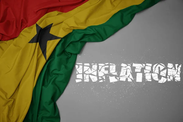 Waving Colorful National Flag Ghana Gray Background Broken Text Inflation — Stock Photo, Image