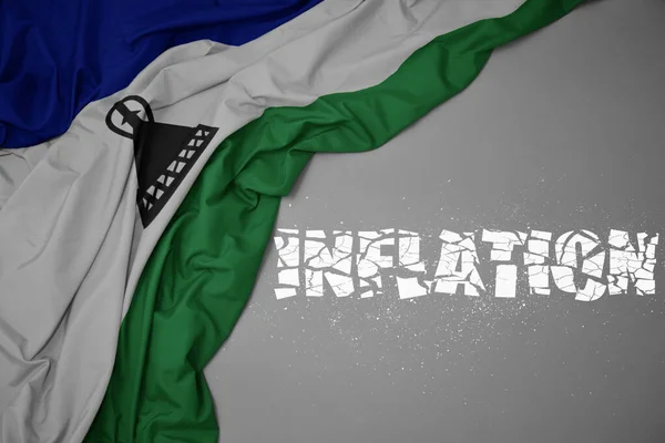 Waving Colorful National Flag Lesotho Gray Background Broken Text Inflation — Stock Photo, Image