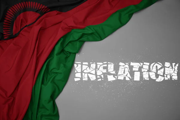 Acenando Bandeira Nacional Colorida Malaui Fundo Cinza Com Inflação Texto — Fotografia de Stock