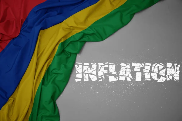 Waving Colorful National Flag Mauritius Gray Background Broken Text Inflation — Stock Photo, Image