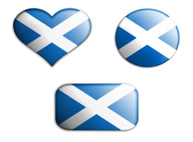 Beyaz arka planda İskoçya figürlerinin renkli ulusal sanat bayrağı. konsept kolajı. 3d illüstrasyon 3d Elementler