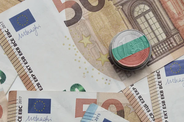 Euro Coin National Flag Bulgaria Euro Money Banknotes Background — Stock Photo, Image