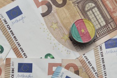 Avro para banknotlarının arka planında ulusal renkli kamera bayrağı bulunan euro sikkesi