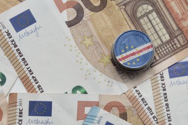 Avro para banknotlarının arka planında ulusal renkli pelerin bayrağı bulunan euro sikkesi