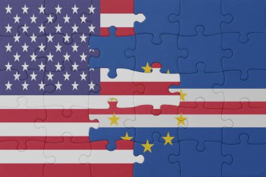 Cape Verde 'nin ulusal bayrağı ve Amerika Birleşik Devletleri' nin bulmacası. Makro. konsept. 3d illüstrasyon