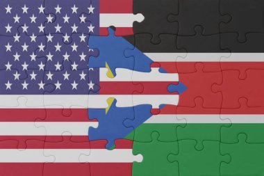Güney Sudan 'ın ulusal bayrağı ve Amerika Birleşik Devletleri' nin bulmacası. Makro. konsept. 3d illüstrasyon
