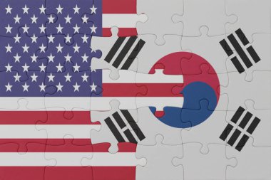 Güney Kore ve Amerika Birleşik Devletleri 'nin ulusal bayrağıyla bulmaca. Makro. Kavram. 3d illüstrasyon