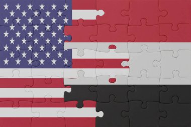 Yemen 'in ulusal bayrağı ve Amerika Birleşik Devletleri' nin bulmacası. Makro. Kavram. 3d illüstrasyon