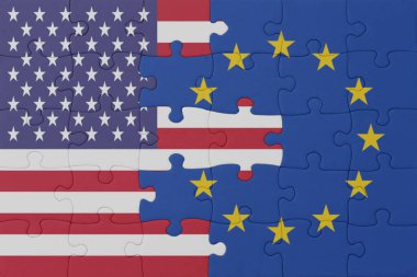 Avrupa Birliği 'nin ulusal bayrağı ve Amerika Birleşik Devletleri' nin bulmacası. Makro. Kavram. 3d illüstrasyon