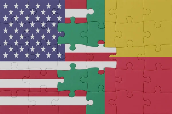 Benin Amerika Birleşik Devletleri Nin Ulusal Bayrağıyla Bulmaca Makro Konsept — Stok fotoğraf