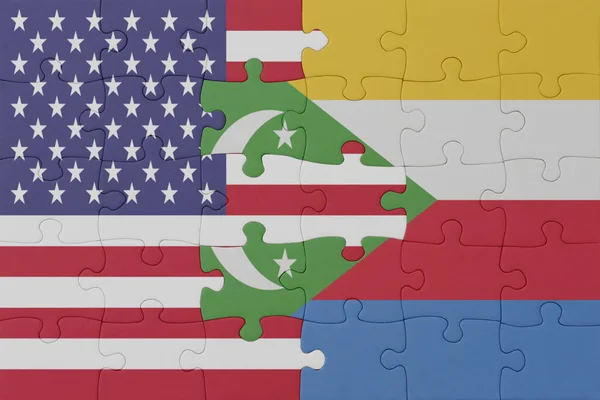 Rompecabezas Con Bandera Nacional Las Comoras Los Estados Unidos América — Foto de Stock
