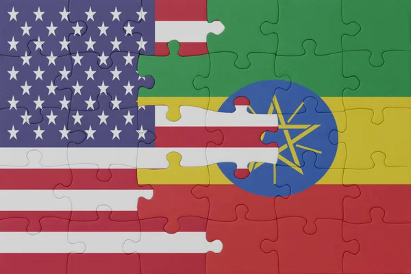 Etiyopya Nın Ulusal Bayrağı Amerika Birleşik Devletleri Nin Bulmacası Makro — Stok fotoğraf