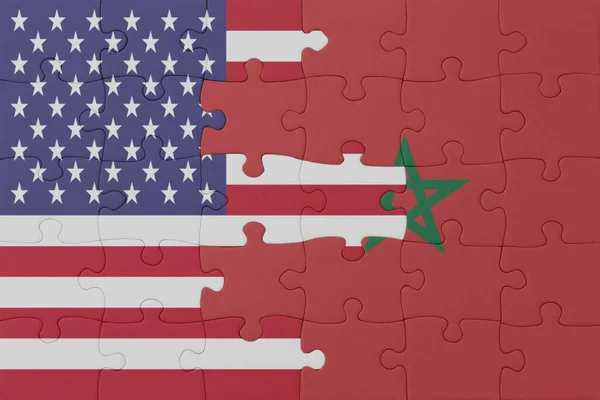 Puzzle Flagą Narodową Maroka Stanów Zjednoczonych Ameryki Makro Koncepcja Ilustracja — Zdjęcie stockowe