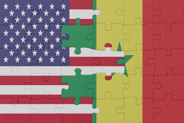 Senegal Amerika Birleşik Devletleri Nin Ulusal Bayrağıyla Bulmaca Makro Konsept — Stok fotoğraf