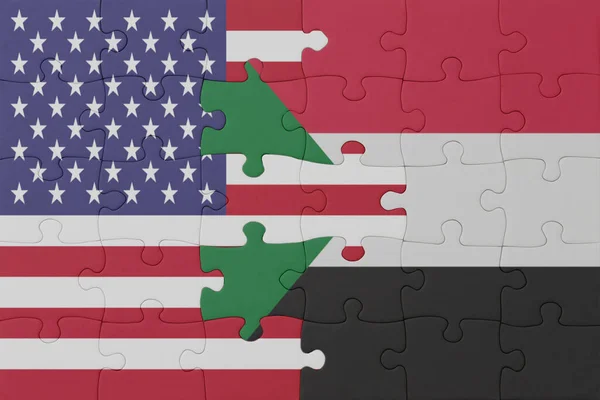 Puzzle National Flag Sudan United States America Macro Concept Illustration — Stock Photo, Image