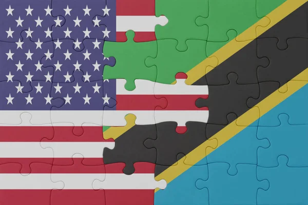 Rompecabezas Con Bandera Nacional Tanzania Estados Unidos América Macro Concepto — Foto de Stock