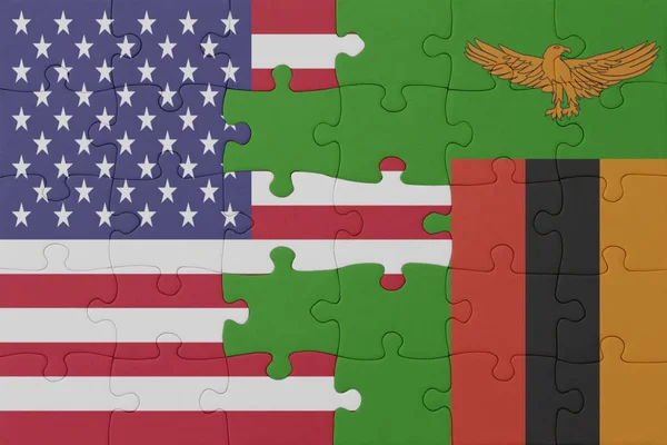 Rompecabezas Con Bandera Nacional Zambia Los Estados Unidos América Macro — Foto de Stock