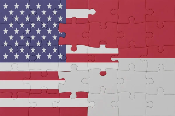 Puzzle Flagą Narodową Indonezji Stanów Zjednoczonych Ameryki Makro Koncepcja Ilustracja — Zdjęcie stockowe